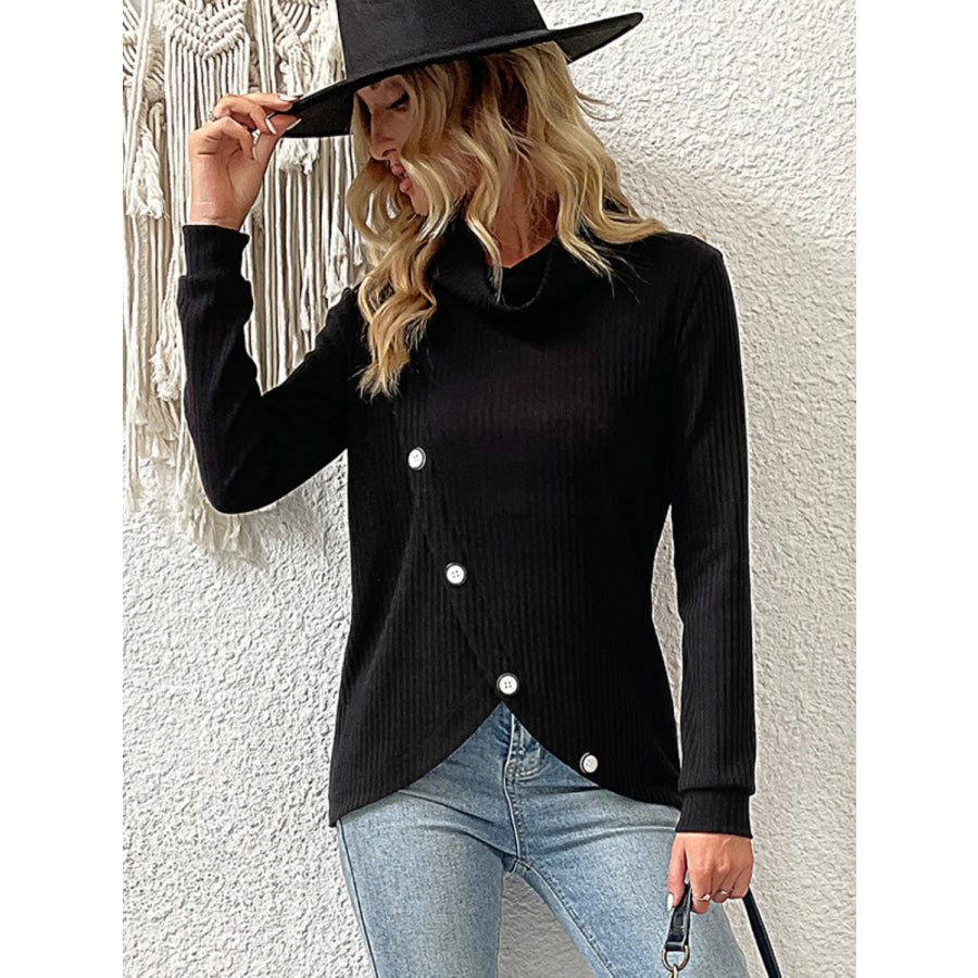 Decorative Button Turtleneck Long Sleeve T-Shirt Black / S Apparel and Accessories
