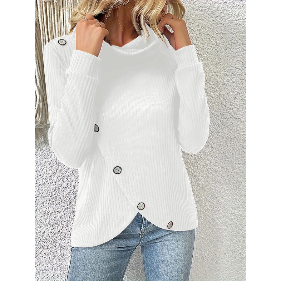 Decorative Button Turtleneck Long Sleeve T-Shirt White / S Apparel and Accessories