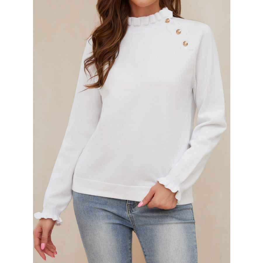 Decorative Button Turtleneck Long Sleeve T-Shirt White / S Apparel and Accessories