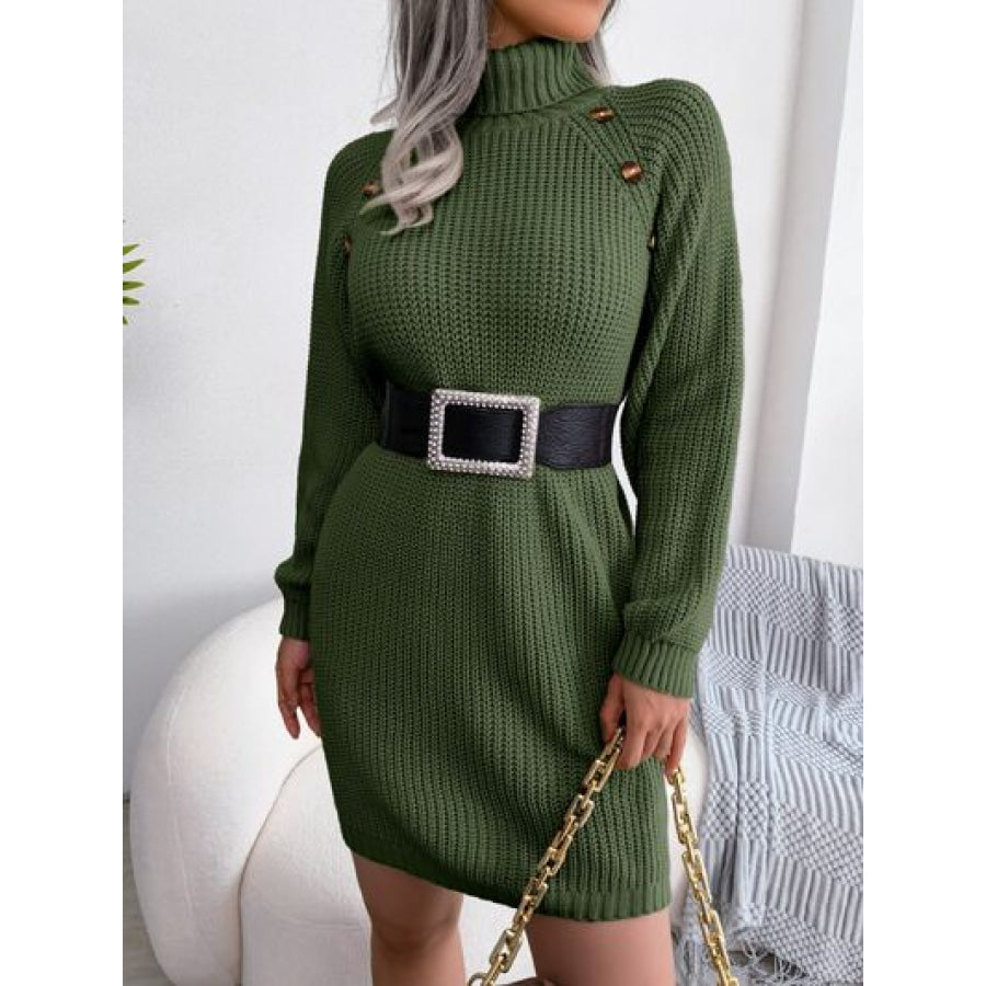 Decorative Button Turtleneck Sweater Dress Apparel and Accessories