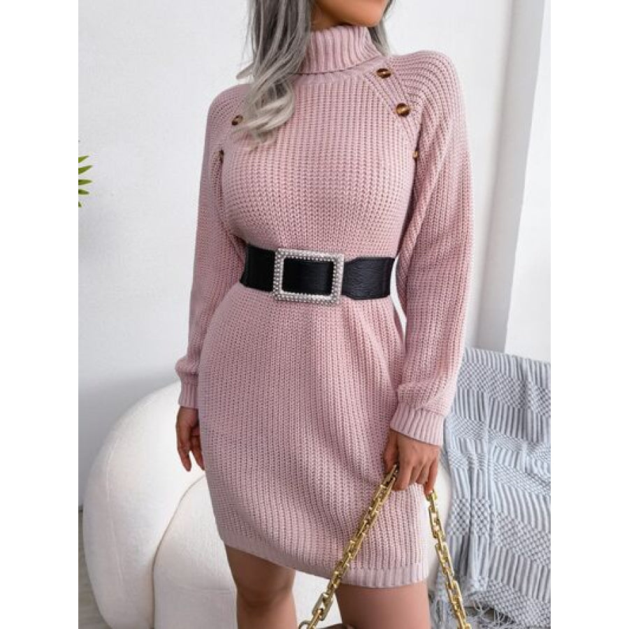 Decorative Button Turtleneck Sweater Dress Dusty Pink / S Apparel and Accessories