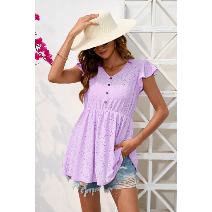 Decorative Button V - Neck Cap Sleeve Blouse Lavender / S Apparel and Accessories