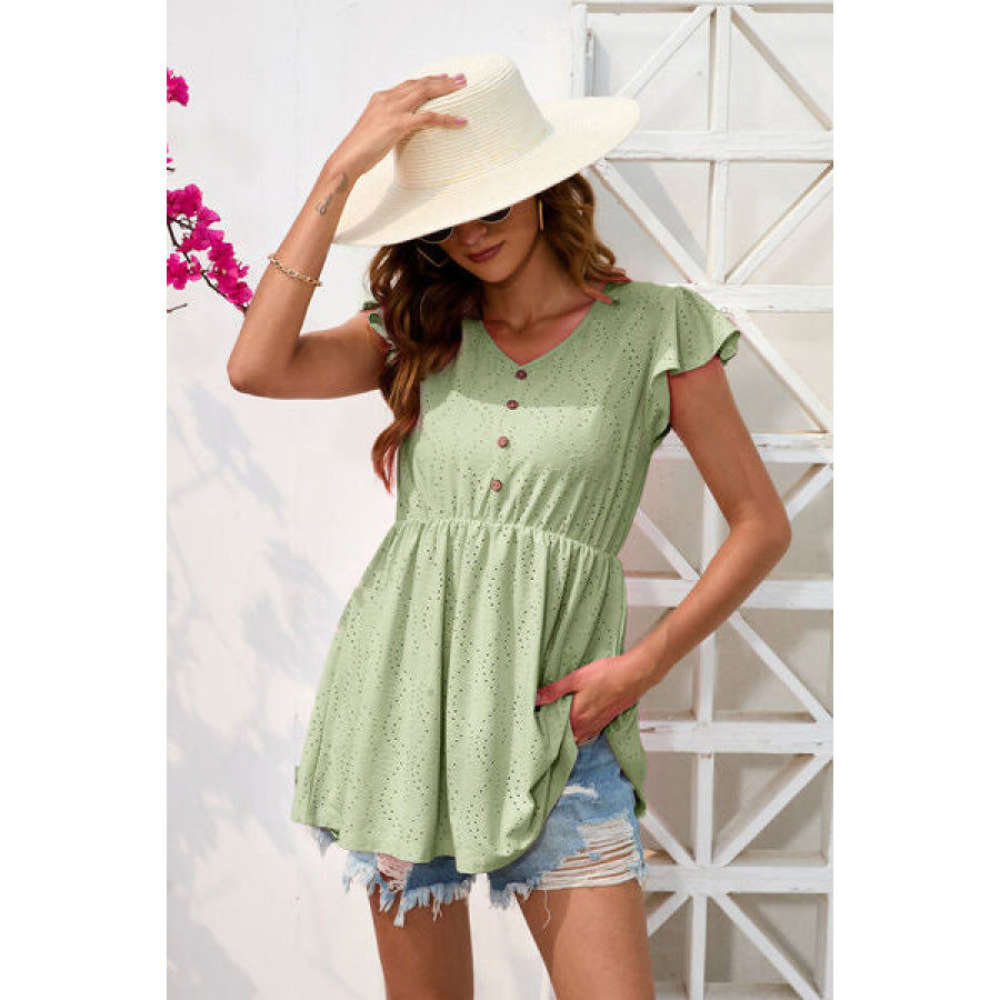 Decorative Button V - Neck Cap Sleeve Blouse Sage / S Apparel and Accessories