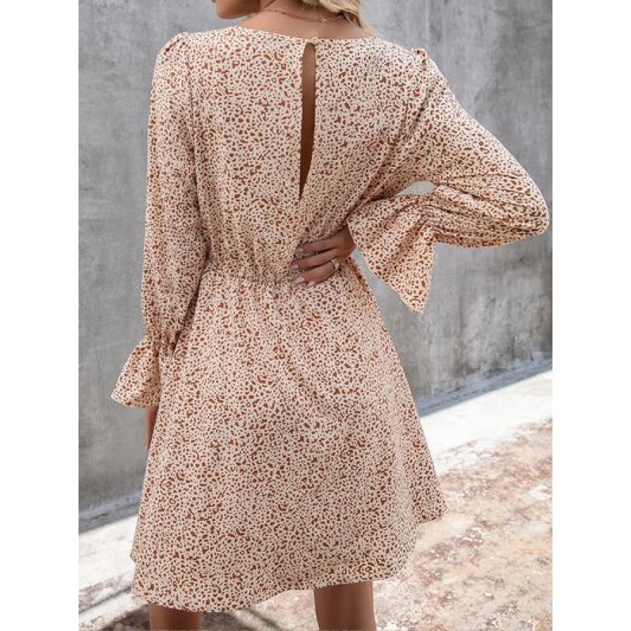 Decorative Button V - Neck Flounce Sleeve Dress Apparel and Accessories