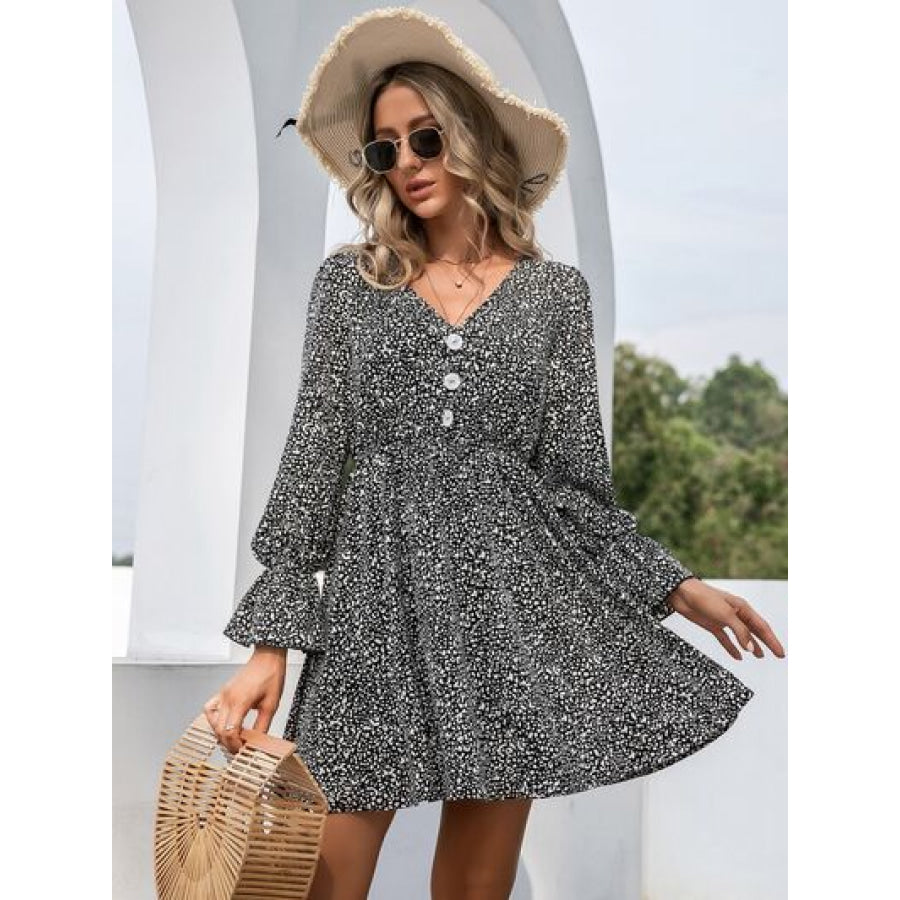 Decorative Button V - Neck Flounce Sleeve Dress Apparel and Accessories