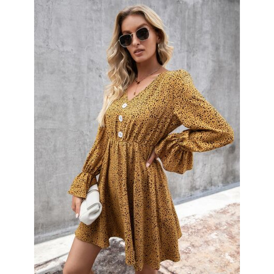 Decorative Button V - Neck Flounce Sleeve Dress Honey / S Apparel and Accessories