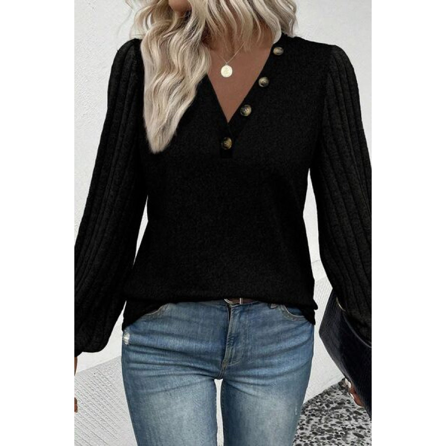 Decorative Button V - Neck Lantern Sleeve Blouse Black / S Apparel and Accessories