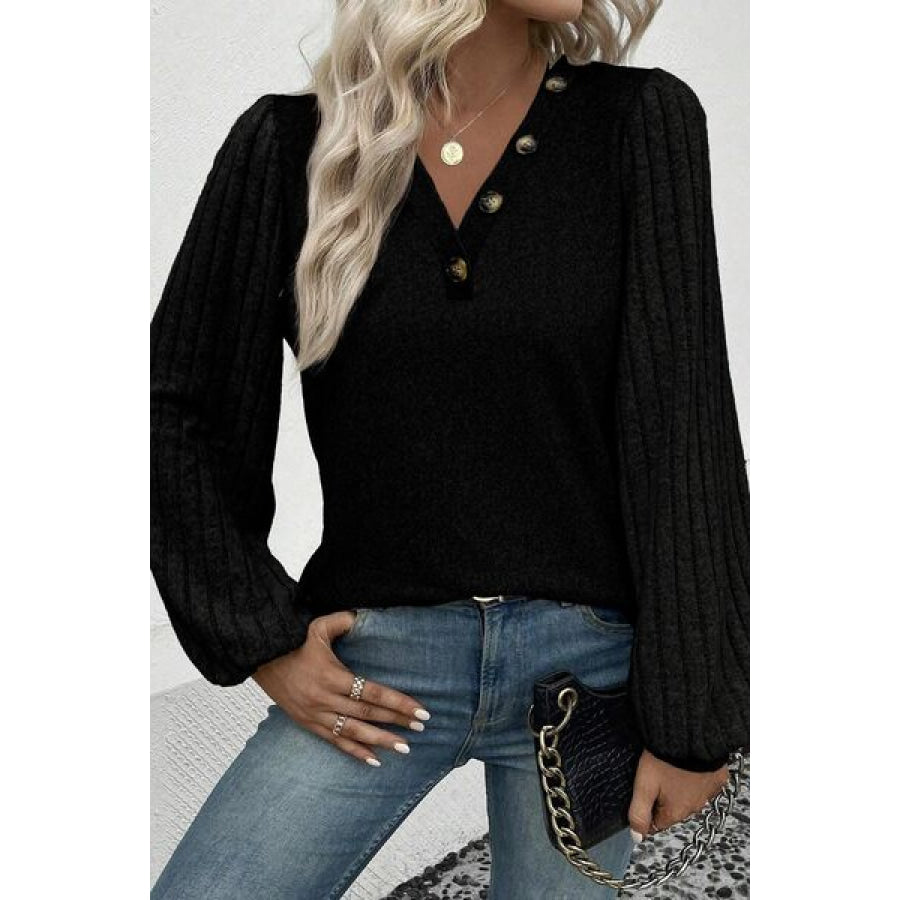 Decorative Button V - Neck Lantern Sleeve Blouse Black / S Apparel and Accessories