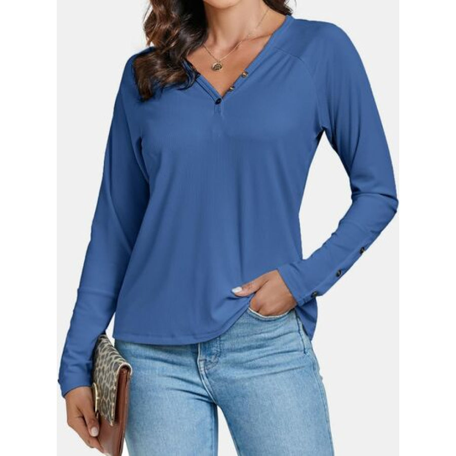 Decorative Button V - Neck Long Sleeve T - Shirt Apparel and Accessories