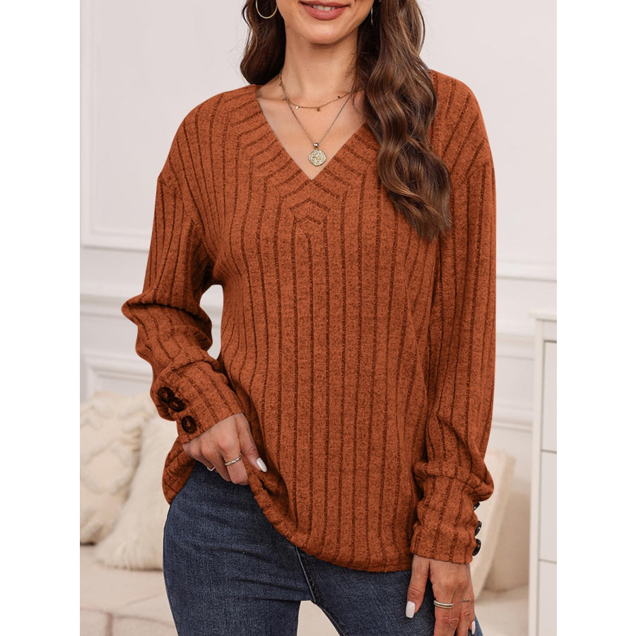 Decorative Button V-Neck Long Sleeve T-Shirt Apparel and Accessories