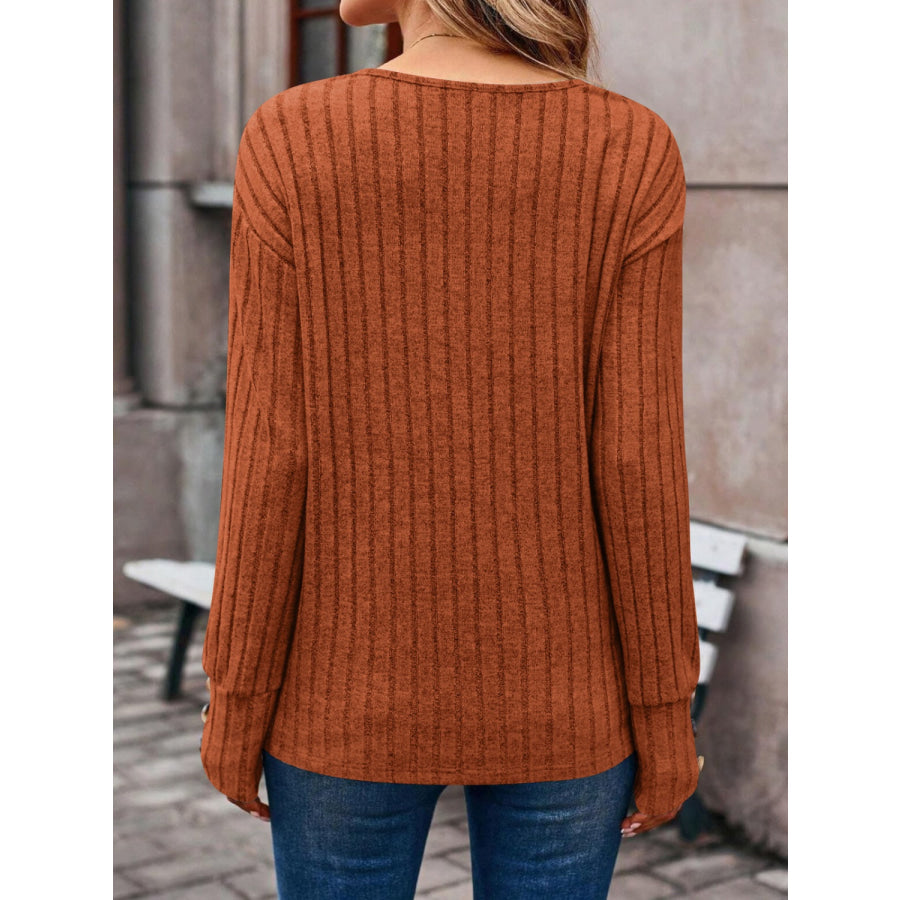 Decorative Button V-Neck Long Sleeve T-Shirt Apparel and Accessories