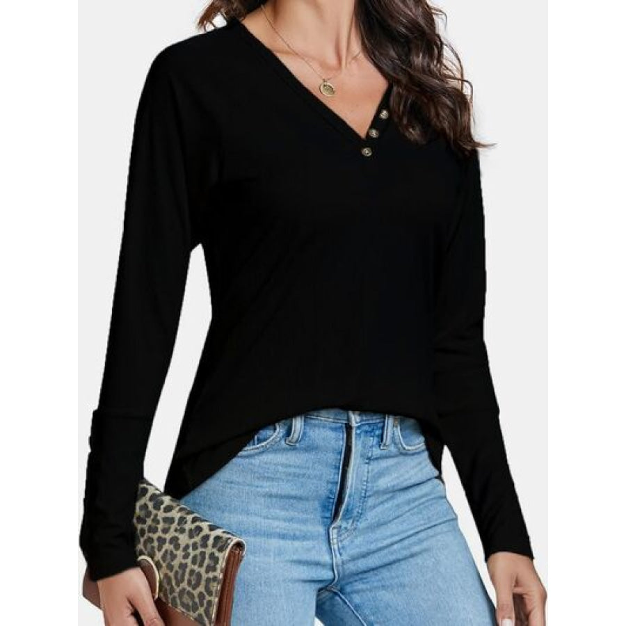 Decorative Button V - Neck Long Sleeve T - Shirt Apparel and Accessories
