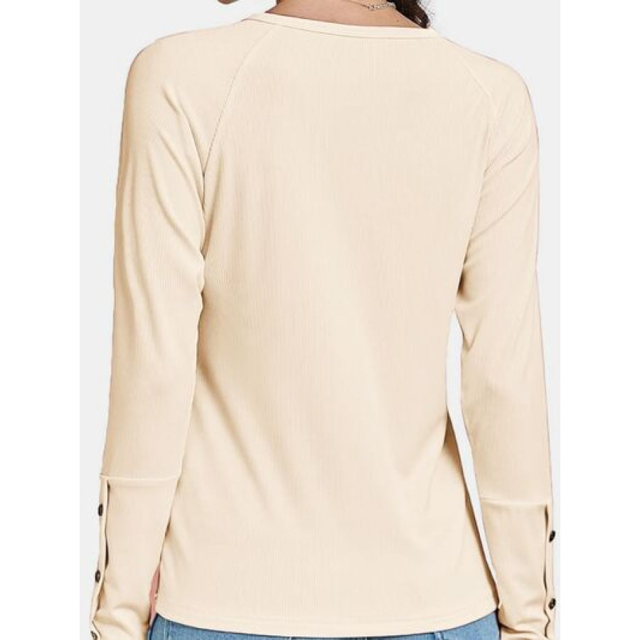 Decorative Button V - Neck Long Sleeve T - Shirt Apparel and Accessories