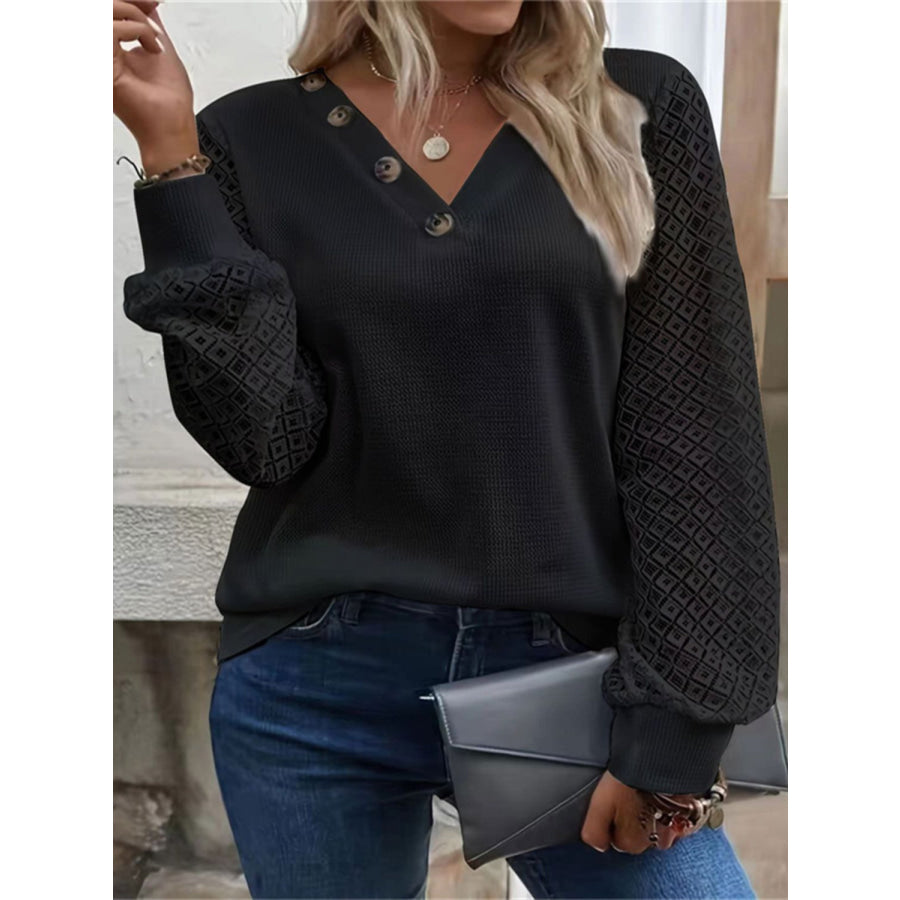 Decorative Button V-Neck Long Sleeve T-Shirt Apparel and Accessories