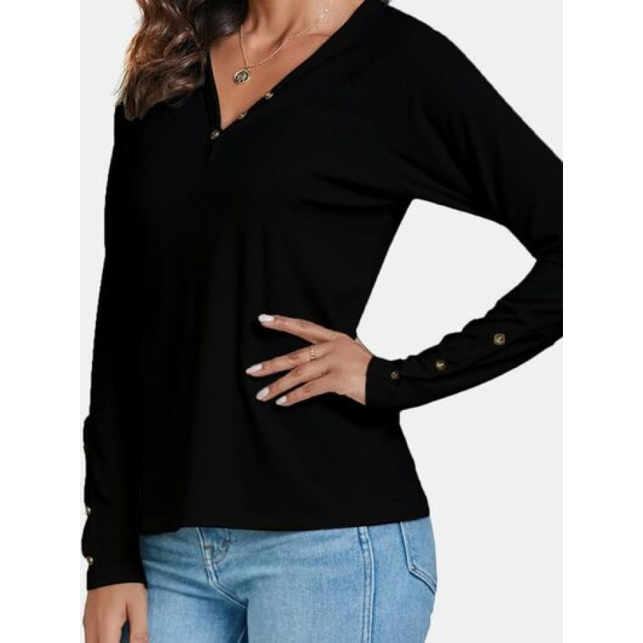 Decorative Button V - Neck Long Sleeve T - Shirt Apparel and Accessories