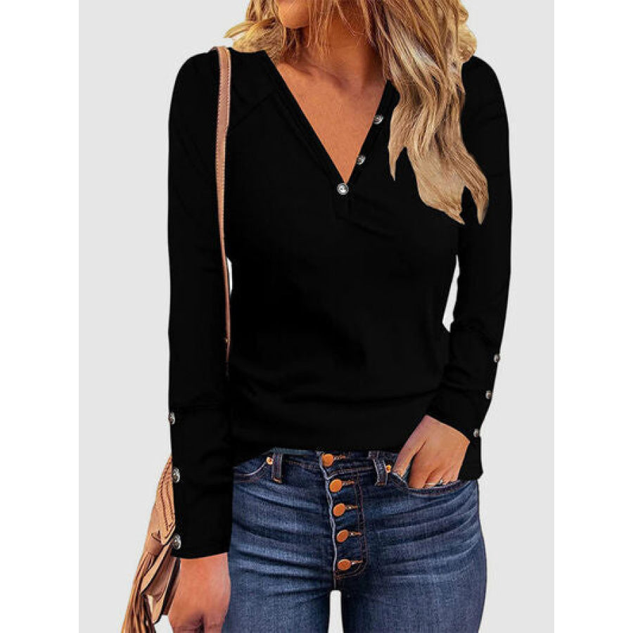 Decorative Button V - Neck Long Sleeve T - Shirt Black / S Apparel and Accessories