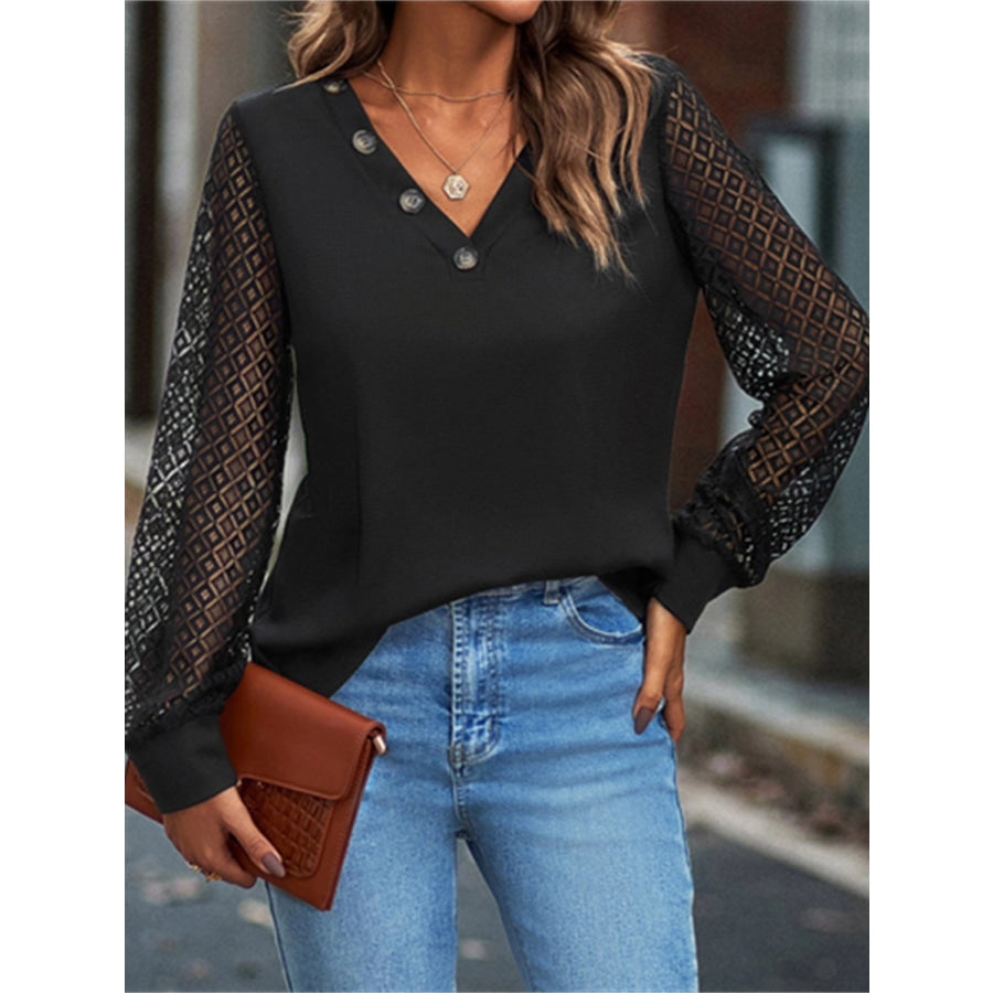 Decorative Button V-Neck Long Sleeve T-Shirt Black / S Apparel and Accessories