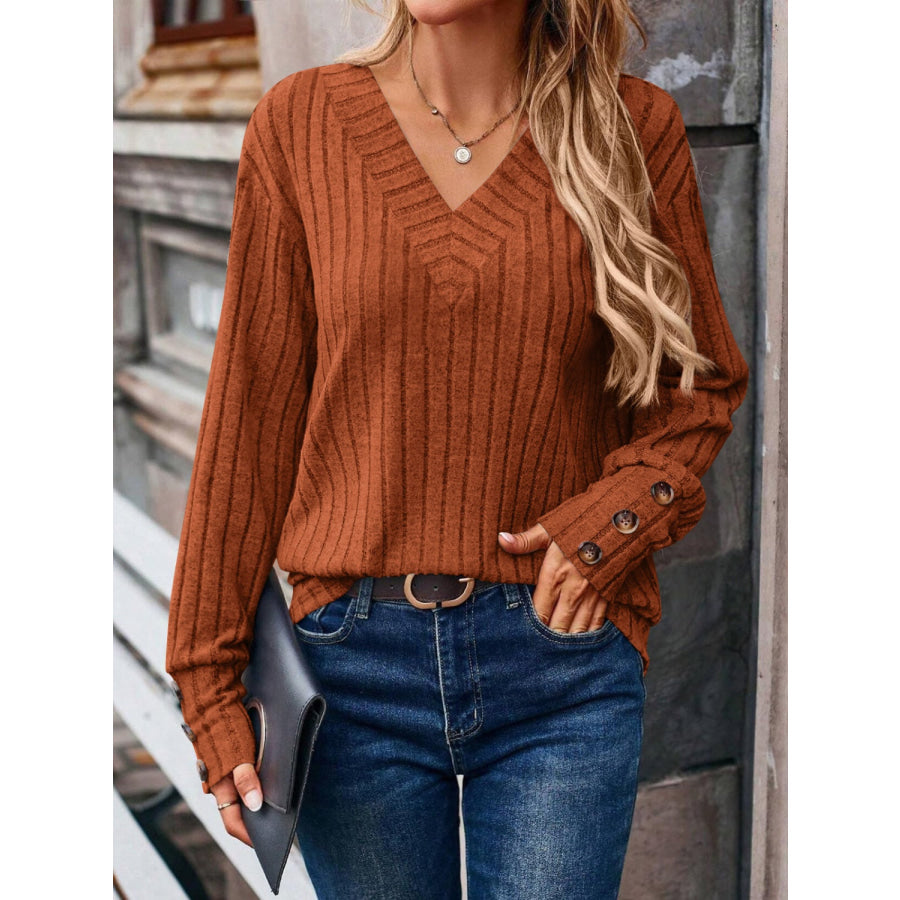 Decorative Button V-Neck Long Sleeve T-Shirt Caramel / S Apparel and Accessories