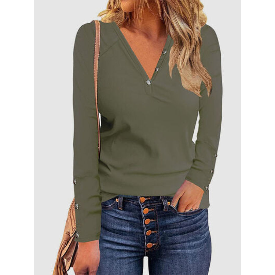 Decorative Button V - Neck Long Sleeve T - Shirt Moss / S Apparel and Accessories