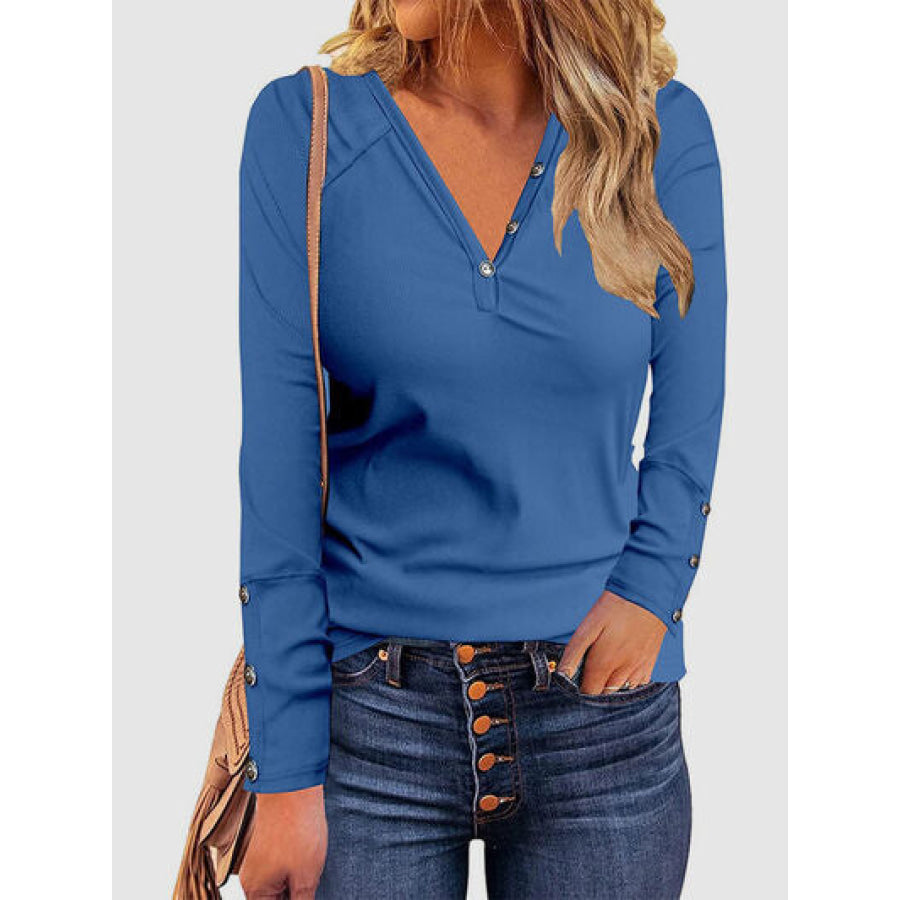 Decorative Button V - Neck Long Sleeve T - Shirt Peacock Blue / S Apparel and Accessories