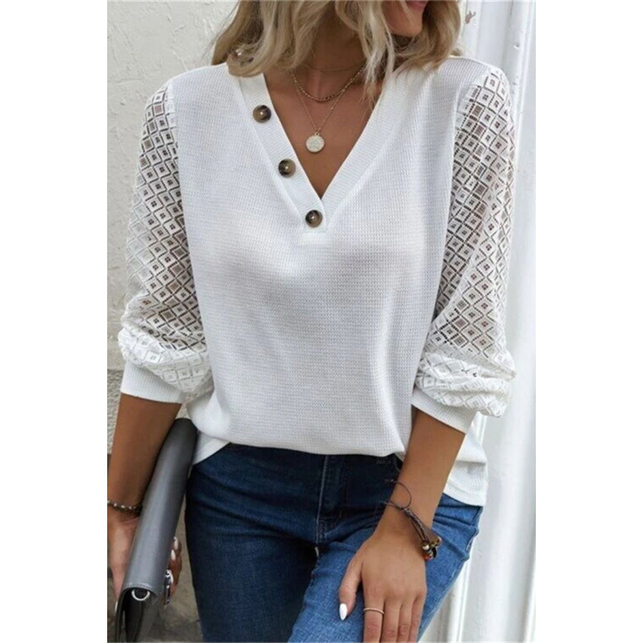 Decorative Button V-Neck Long Sleeve T-Shirt White / S Apparel and Accessories