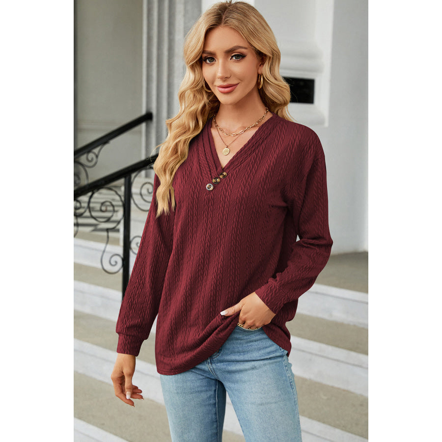 Decorative Button V - Neck Long Sleeve T - Shirt Wine / S Apparel and Accessories