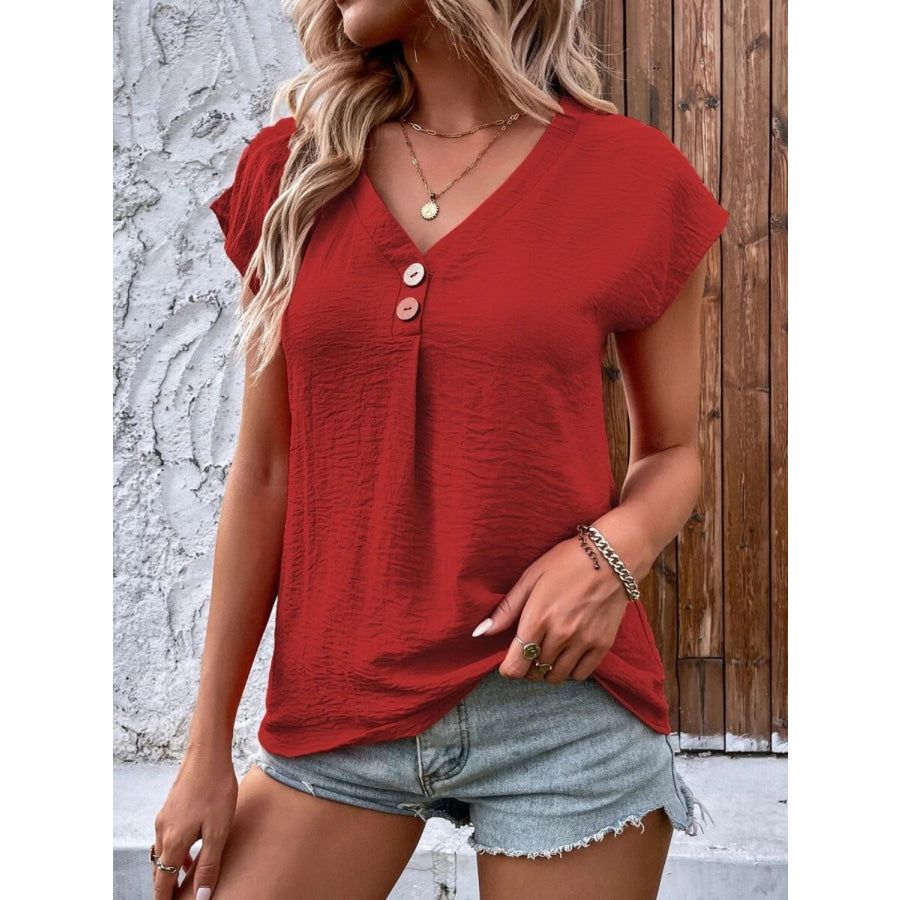 Decorative Button V-Neck Short Sleeve Blouse Apparel and Accessories