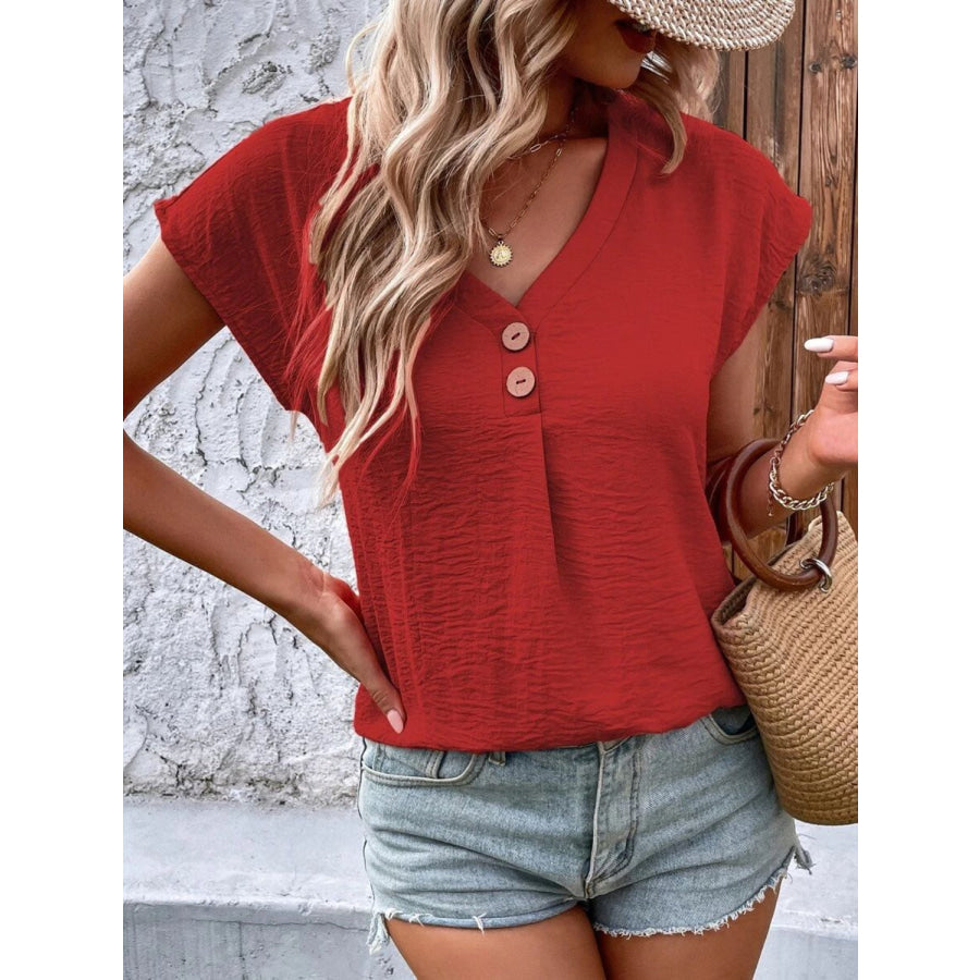 Decorative Button V-Neck Short Sleeve Blouse Rust / S Apparel and Accessories