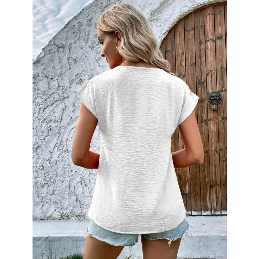 Decorative Button V-Neck Short Sleeve Blouse White / S Apparel and Accessories