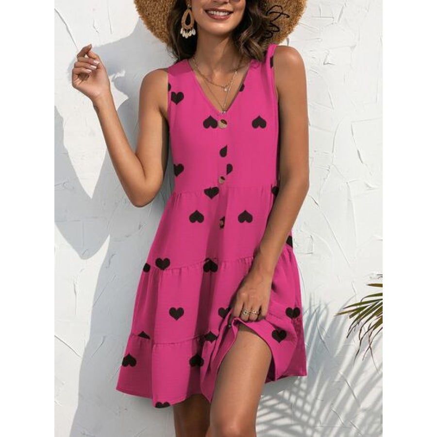 Decorative Button V - Neck Sleeveless Dress Deep Rose / S Apparel and Accessories