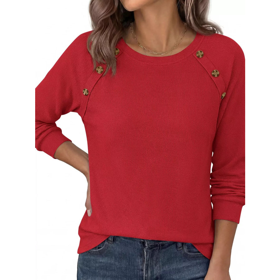Decorative Button Waffle Knit Long Sleeve T-Shirt Apparel and Accessories