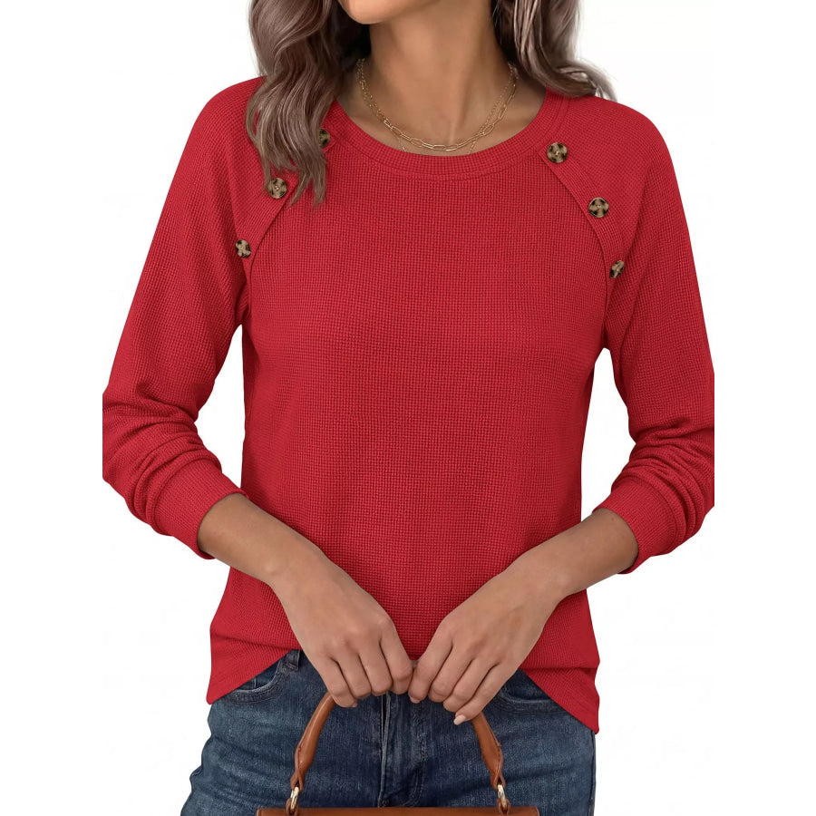 Decorative Button Waffle Knit Long Sleeve T-Shirt Apparel and Accessories