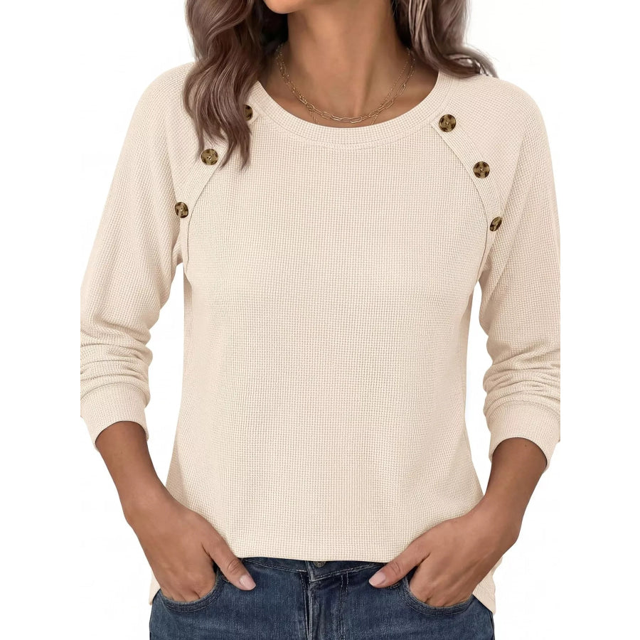 Decorative Button Waffle Knit Long Sleeve T-Shirt Apparel and Accessories