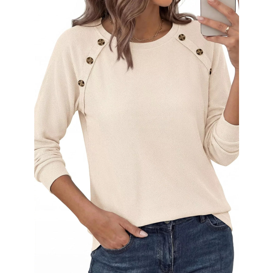 Decorative Button Waffle Knit Long Sleeve T-Shirt Apparel and Accessories