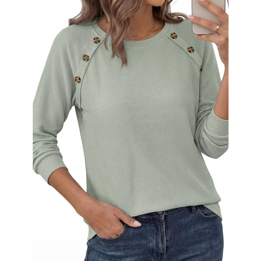 Decorative Button Waffle Knit Long Sleeve T-Shirt Apparel and Accessories