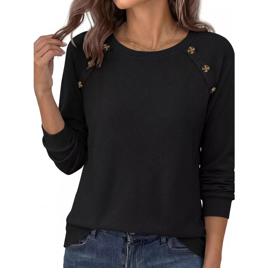 Decorative Button Waffle Knit Long Sleeve T-Shirt Apparel and Accessories