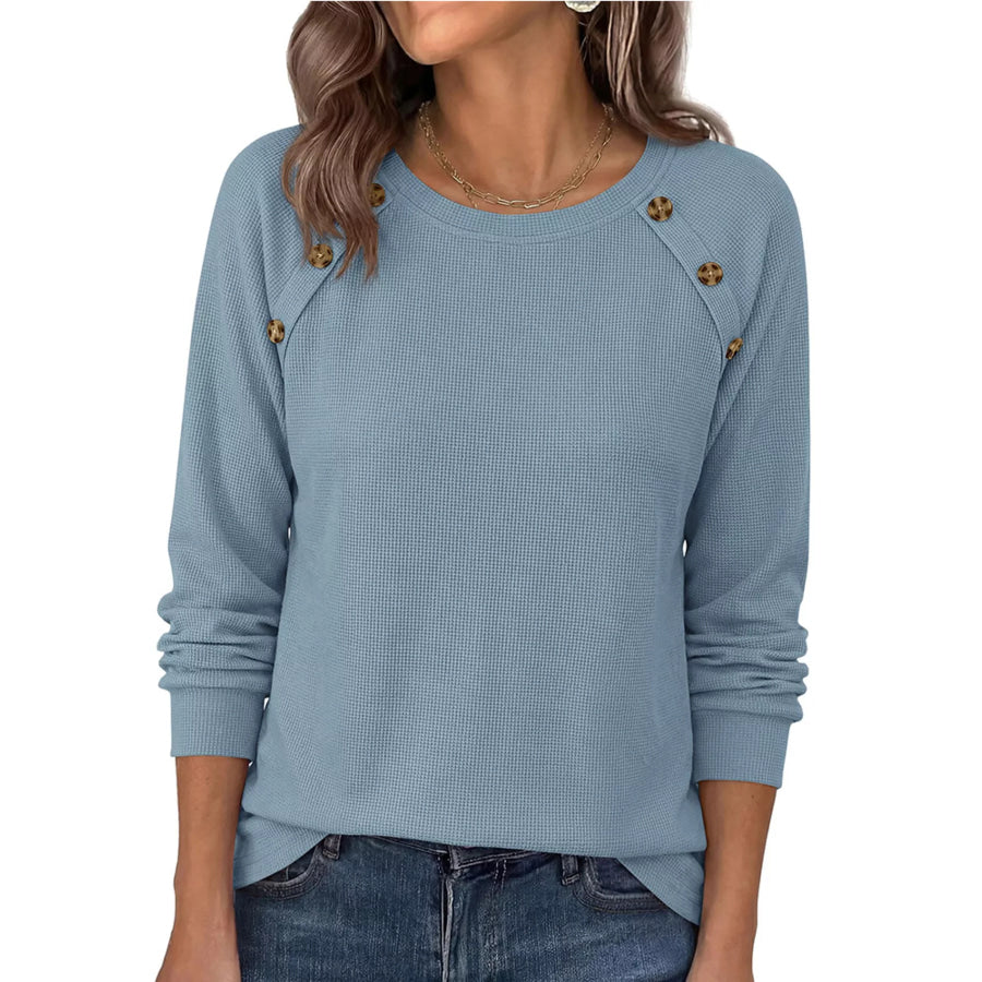 Decorative Button Waffle Knit Long Sleeve T-Shirt Apparel and Accessories