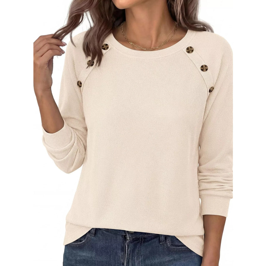 Decorative Button Waffle Knit Long Sleeve T-Shirt Apparel and Accessories