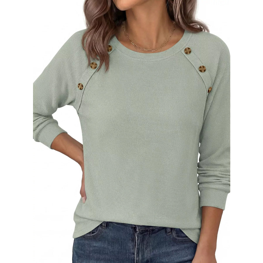 Decorative Button Waffle Knit Long Sleeve T-Shirt Apparel and Accessories