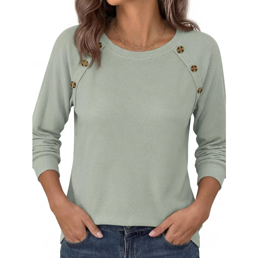 Decorative Button Waffle Knit Long Sleeve T-Shirt Apparel and Accessories