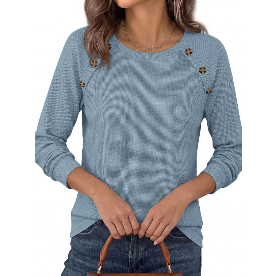 Decorative Button Waffle Knit Long Sleeve T-Shirt Apparel and Accessories