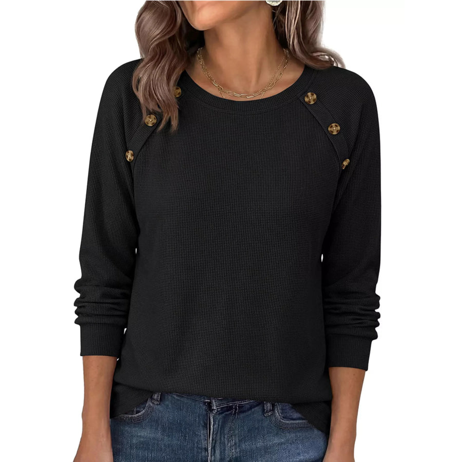 Decorative Button Waffle Knit Long Sleeve T-Shirt Apparel and Accessories