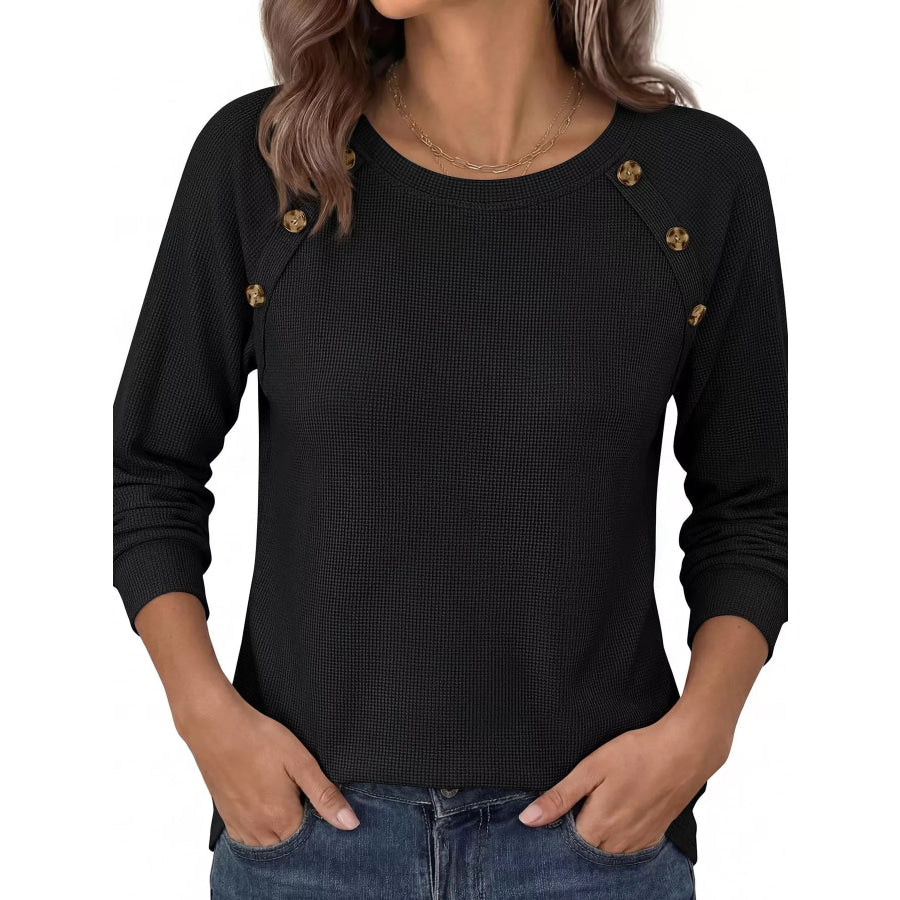 Decorative Button Waffle Knit Long Sleeve T-Shirt Apparel and Accessories