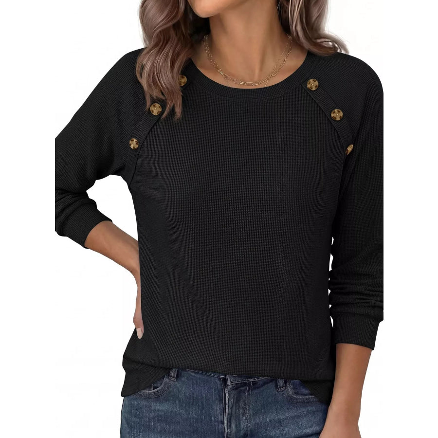 Decorative Button Waffle Knit Long Sleeve T-Shirt Apparel and Accessories