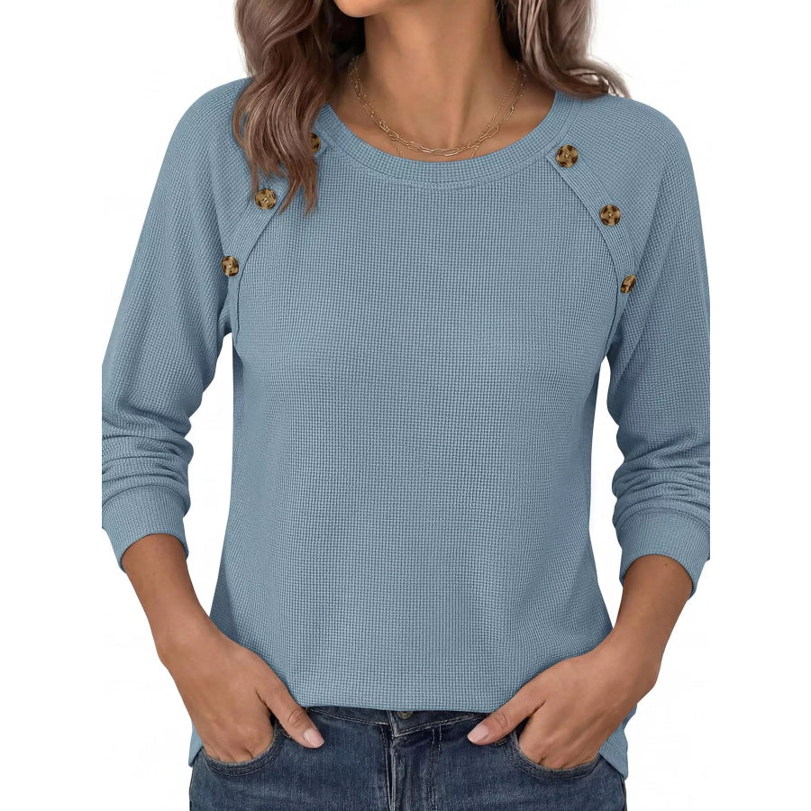 Decorative Button Waffle Knit Long Sleeve T-Shirt Apparel and Accessories