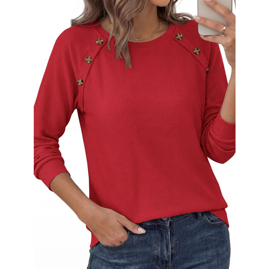 Decorative Button Waffle Knit Long Sleeve T-Shirt Apparel and Accessories