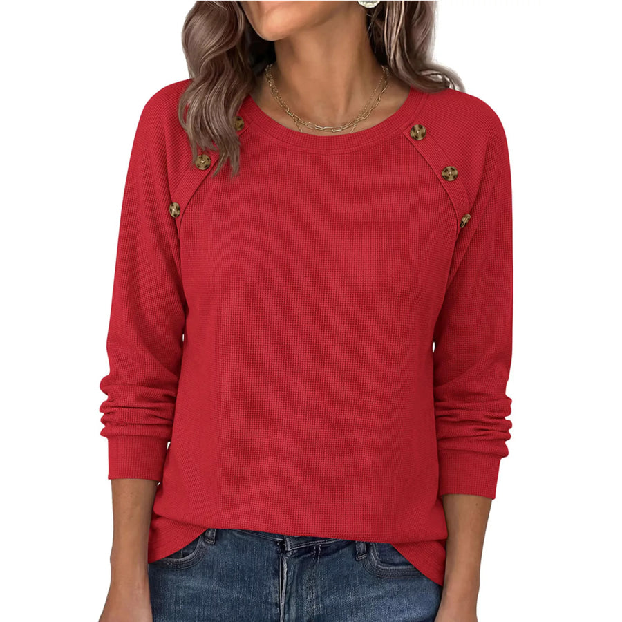 Decorative Button Waffle Knit Long Sleeve T-Shirt Apparel and Accessories