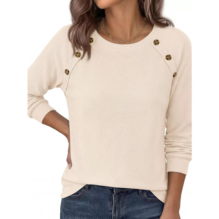 Decorative Button Waffle Knit Long Sleeve T-Shirt Apparel and Accessories