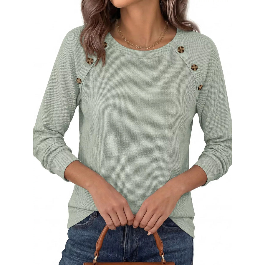 Decorative Button Waffle Knit Long Sleeve T-Shirt Apparel and Accessories