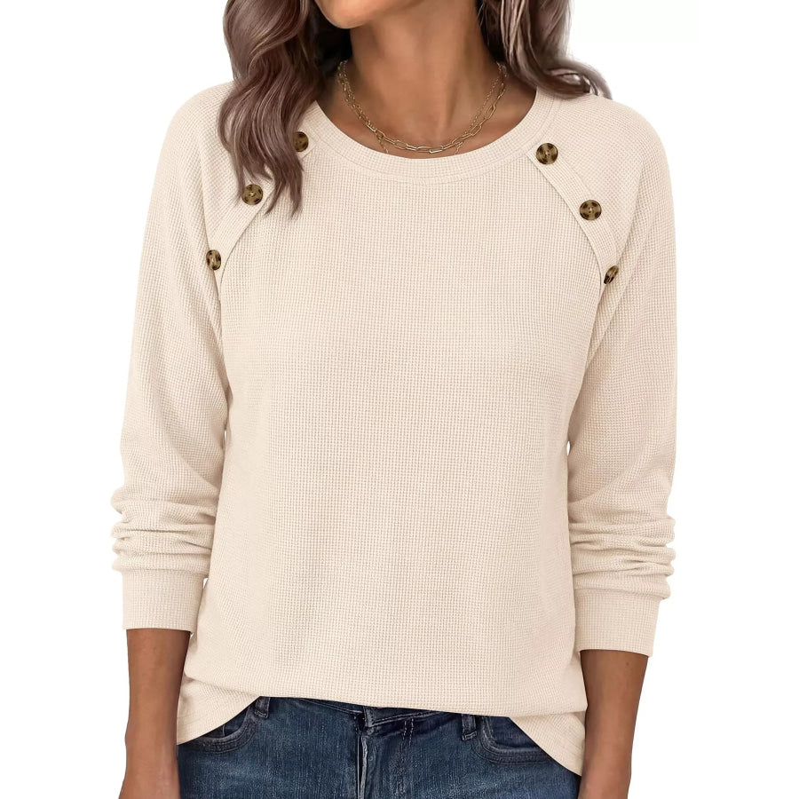 Decorative Button Waffle Knit Long Sleeve T-Shirt Apricot / S Apparel and Accessories
